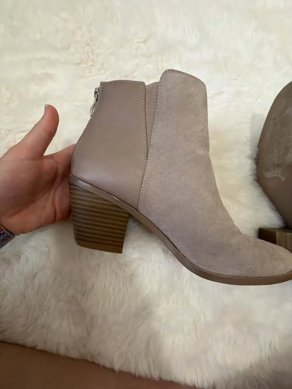 Shoedazzle Women's Taupe Faux Suede Block Heel Ankle Booties with Back Zipper